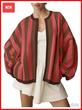Loose Fit Striped Cardigan Long Balloon Sleeve Open Front Knit Sweater